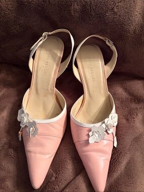 Colin Stuart Pink and White Pointed Toe Slingbacks with Floral Appliqué